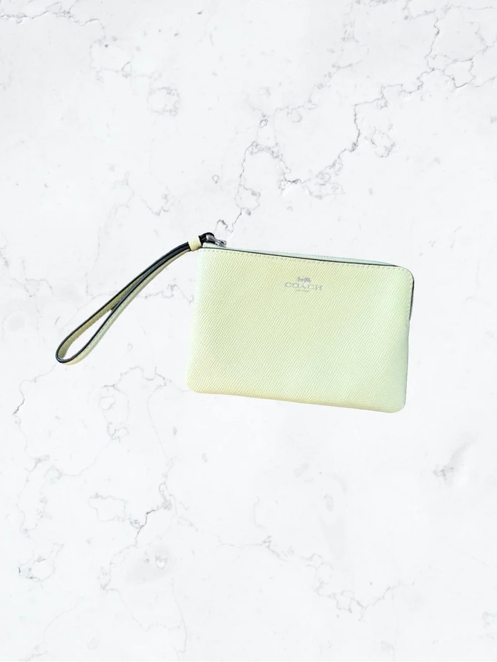 COACH Light Yellow Green Leather Wristlet Pouch with Strap